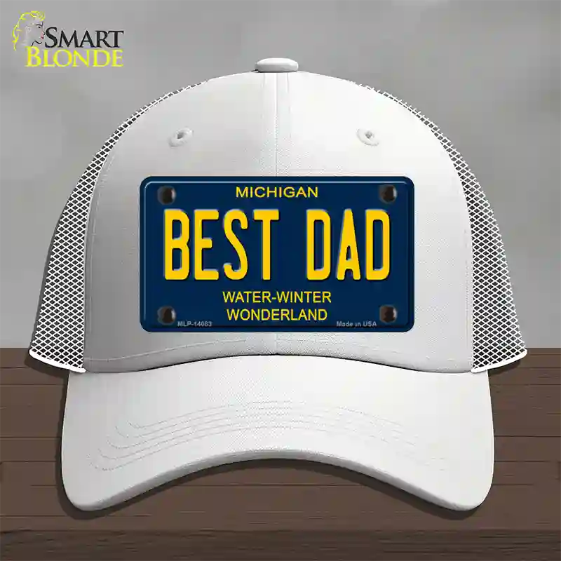 Best Dad Michigan Blue Novelty License Plate Hat Mesh / White