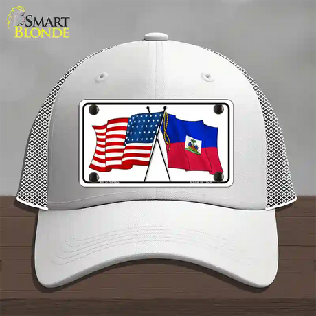 Haiti Crossed US Flag Novelty License Plate Hat Mesh / White