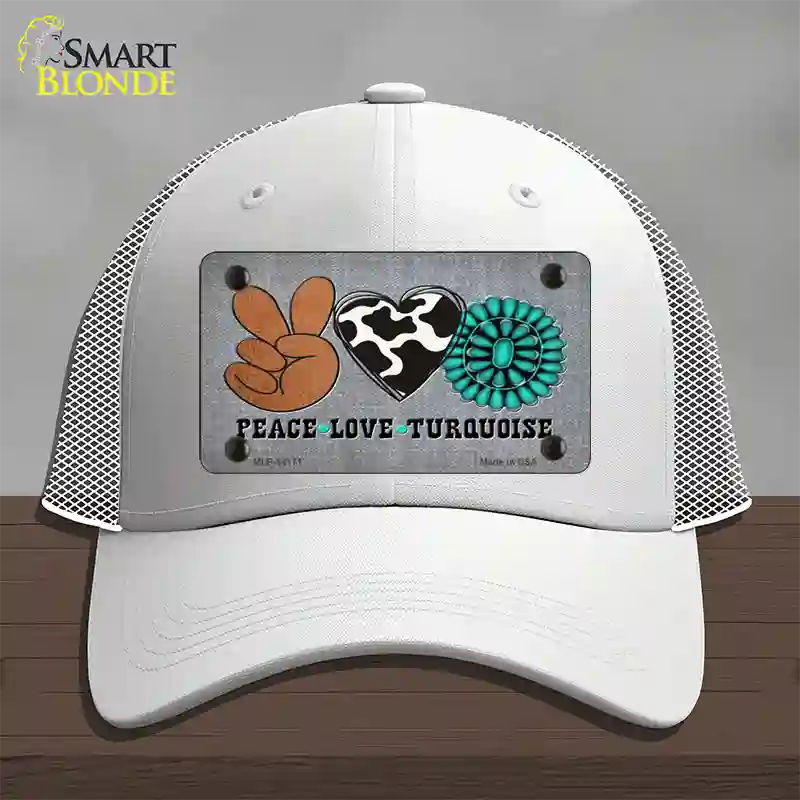 Peace Love Turquoise Novelty License Plate Hat Mesh / White