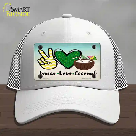 Peace Love Coconut Novelty License Plate Hat Mesh / White