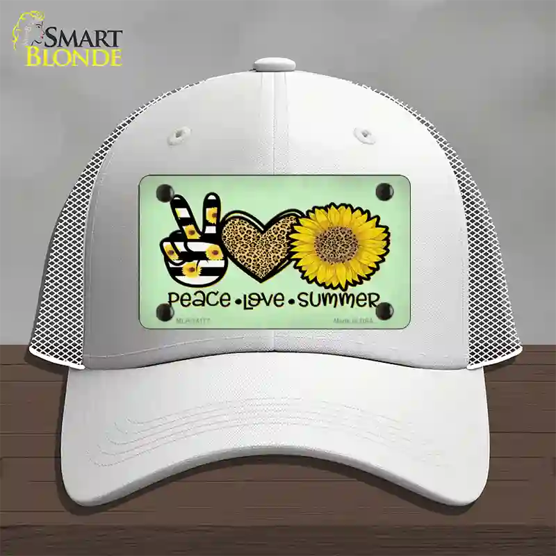 Peace Love Summer Sunflower Novelty License Plate Hat Mesh / White