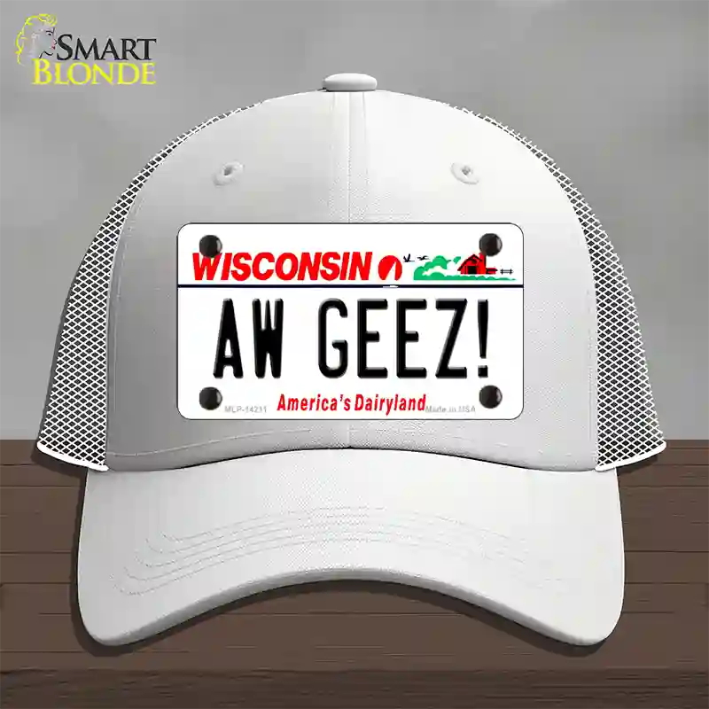 Aw Geez Wisconsin Novelty License Plate Hat Mesh / White