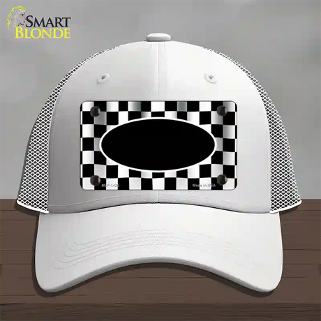 Waving Checkered Flag With Black Center Oval Novelty License Plate Hat Mesh / White