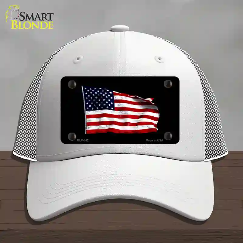 Waving American Flag Black Novelty License Plate Hat Mesh / White