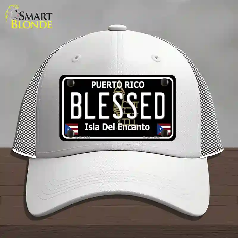 Blessed Puerto Rico Black Novelty License Plate Hat Mesh / White