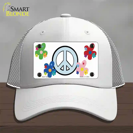 Peace Sign and Flowers Novelty License Plate Hat Mesh / White