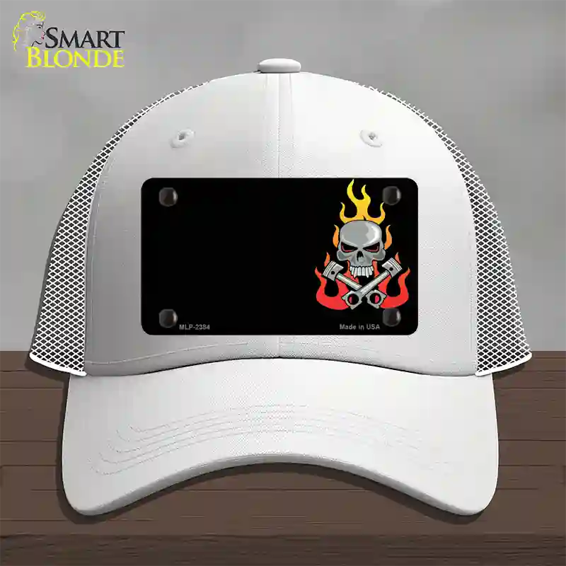 Gear Head Skull Offset Novelty License Plate Hat Mesh / White