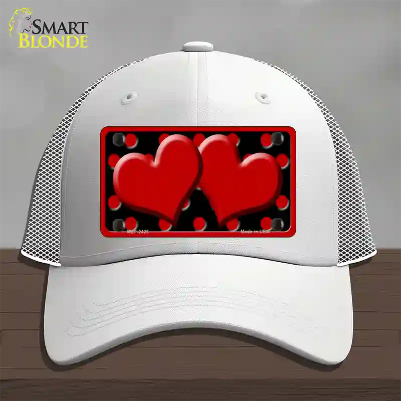 Red Black Polka Dot Red Center Hearts Novelty License Plate Hat Mesh / White