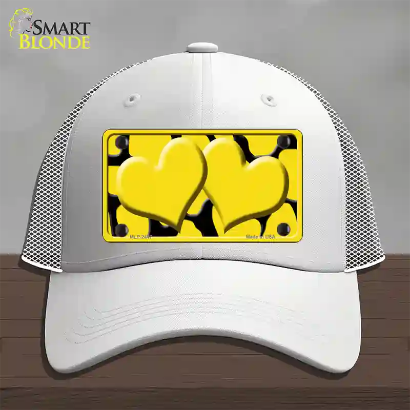 Yellow Black Giraffe Yellow Centered Hearts Novelty License Plate Hat Mesh / White