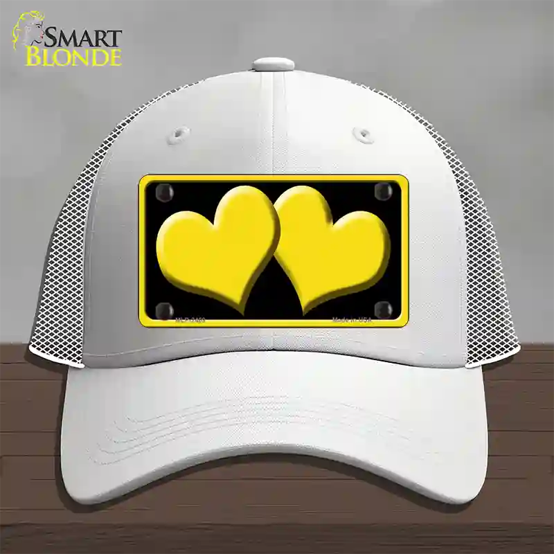 Solid Yellow Centered Hearts Black Novelty License Plate Hat Mesh / White