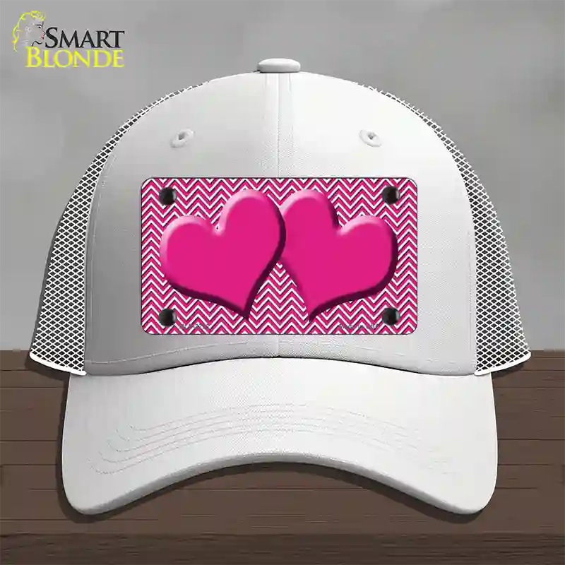 Pink White Chevron Pink Center Hearts Novelty License Plate Hat Mesh / White