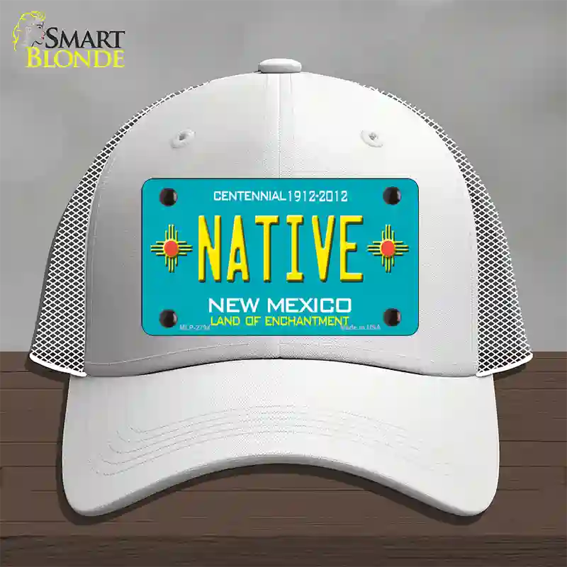 Native New Mexico Teal Novelty License Plate Hat Mesh / White