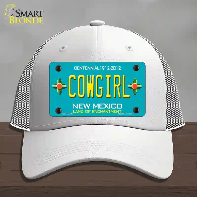 Cowgirl New Mexico Teal Novelty License Plate Hat Mesh / White