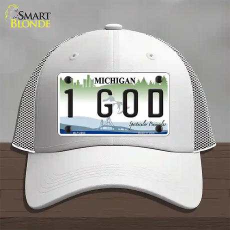 1 GOD Michigan State Novelty License Plate Hat Mesh / White