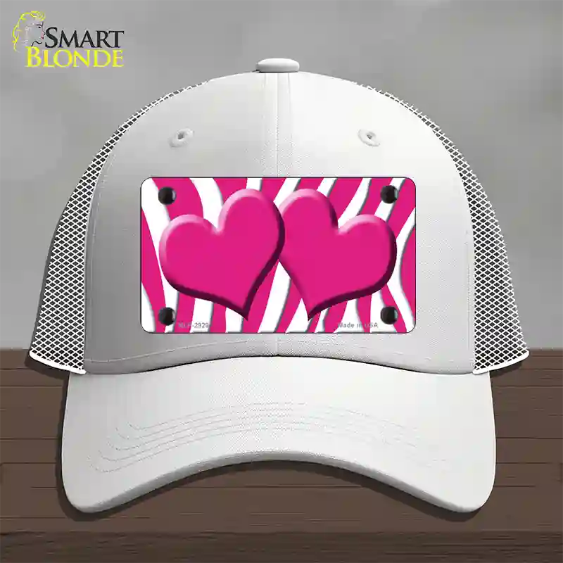 Pink White Zebra Pink Centered Hearts Novelty License Plate Hat Mesh / White