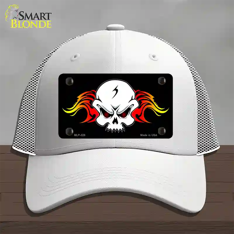 Skull Flame Novelty License Plate Hat Mesh / White