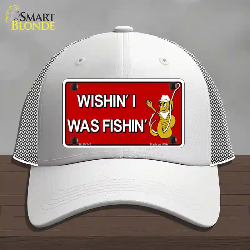 Wishin I Was Fishin Red Novelty License Plate Hat Mesh / White