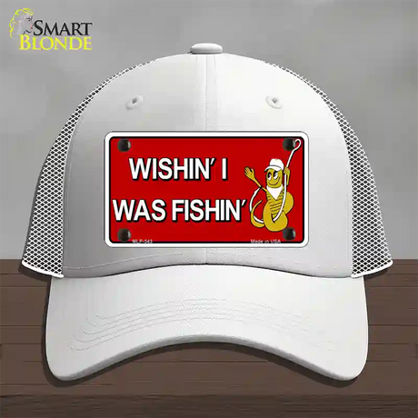 Wishin I Was Fishin Red Novelty License Plate Hat Mesh / White