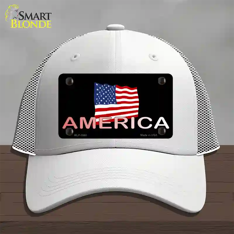 American Flag Black Novelty License Plate Hat Mesh / White