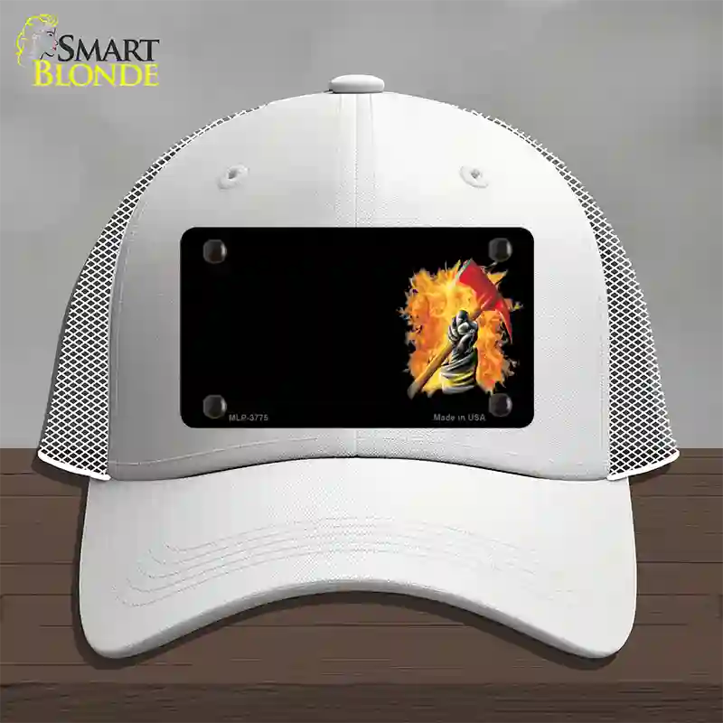 Firefighter Flaming Ax Offset Novelty License Plate Hat Mesh / White