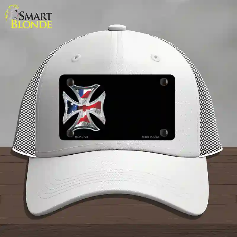 American Flag Maltese Cross Offset Novelty License Plate Hat Mesh / White