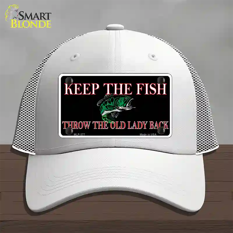 Keep the Fish Novelty License Plate Hat Mesh / White