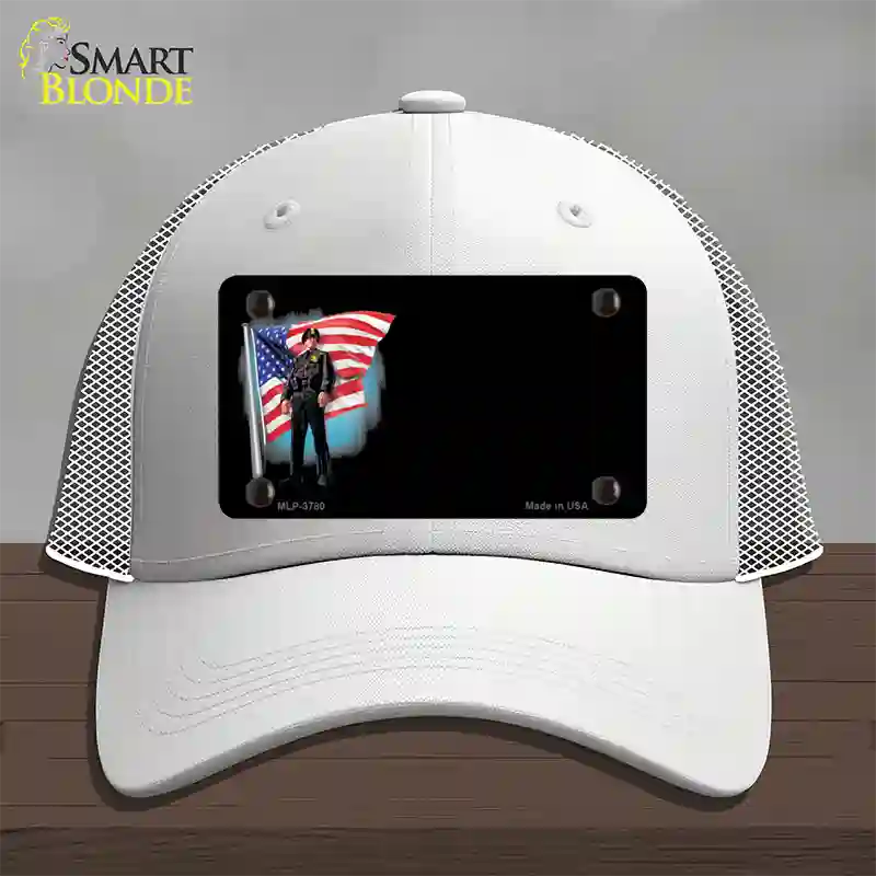 Police Officer American Flag Offset Novelty License Plate Hat Mesh / White