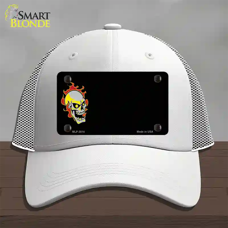 Flaming Skull Offset Novelty License Plate Hat Mesh / White