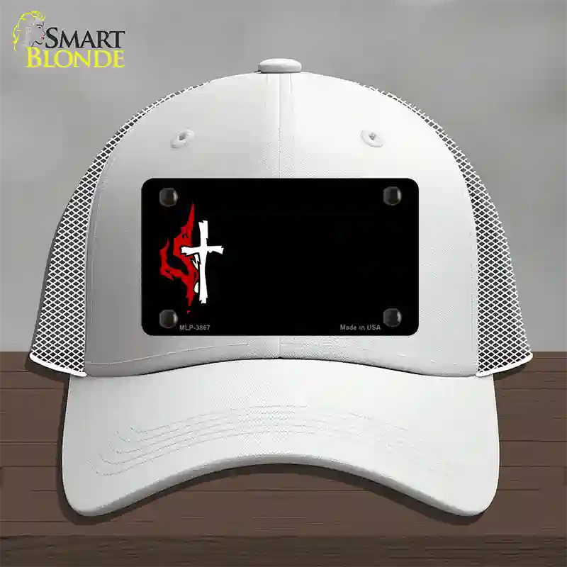 Flaming Cross Offset Novelty License Plate Hat Mesh / White