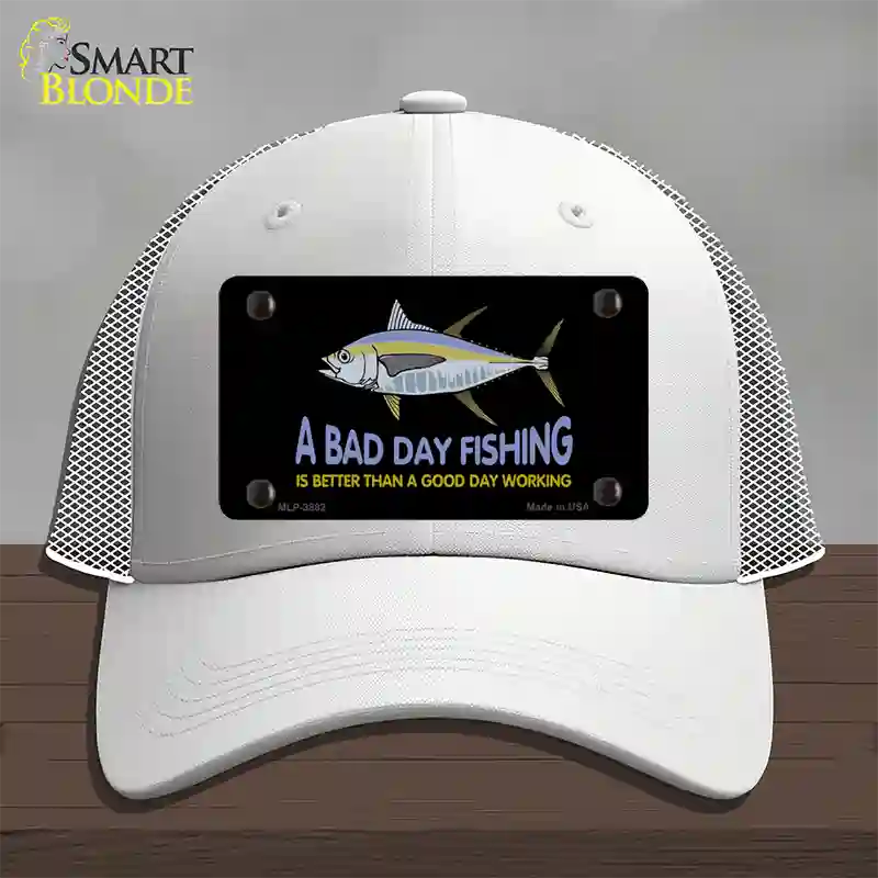 A Bad Day Fishing Novelty License Plate Hat Mesh / White