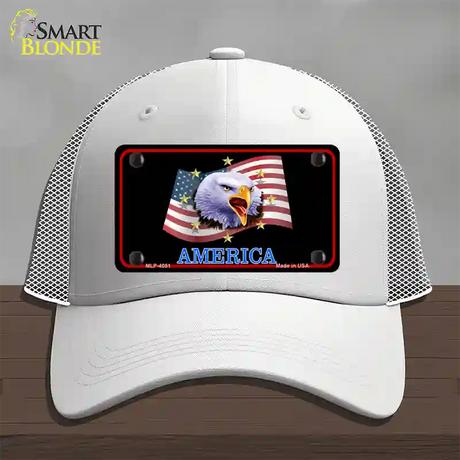 Waving Flag Bald Eagle Black Novelty License Plate Hat Mesh / White