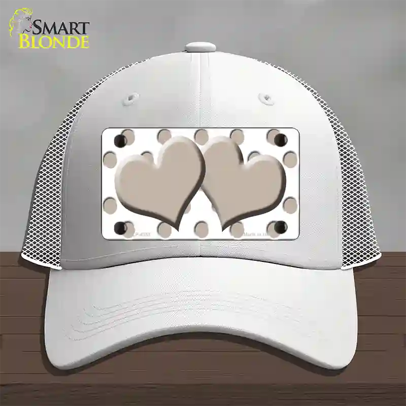 Tan White Polka Dot Tan Centered Hearts Novelty License Plate Hat Mesh / White