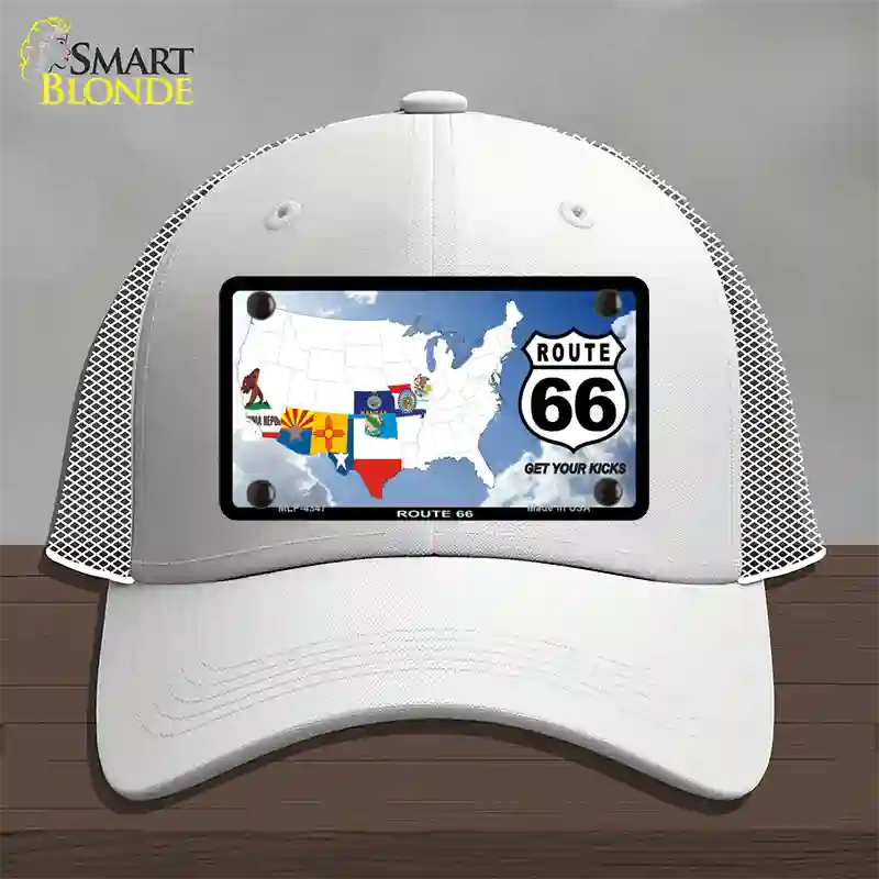 Route 66 8 Flags Clouds Novelty License Plate Hat Mesh / White