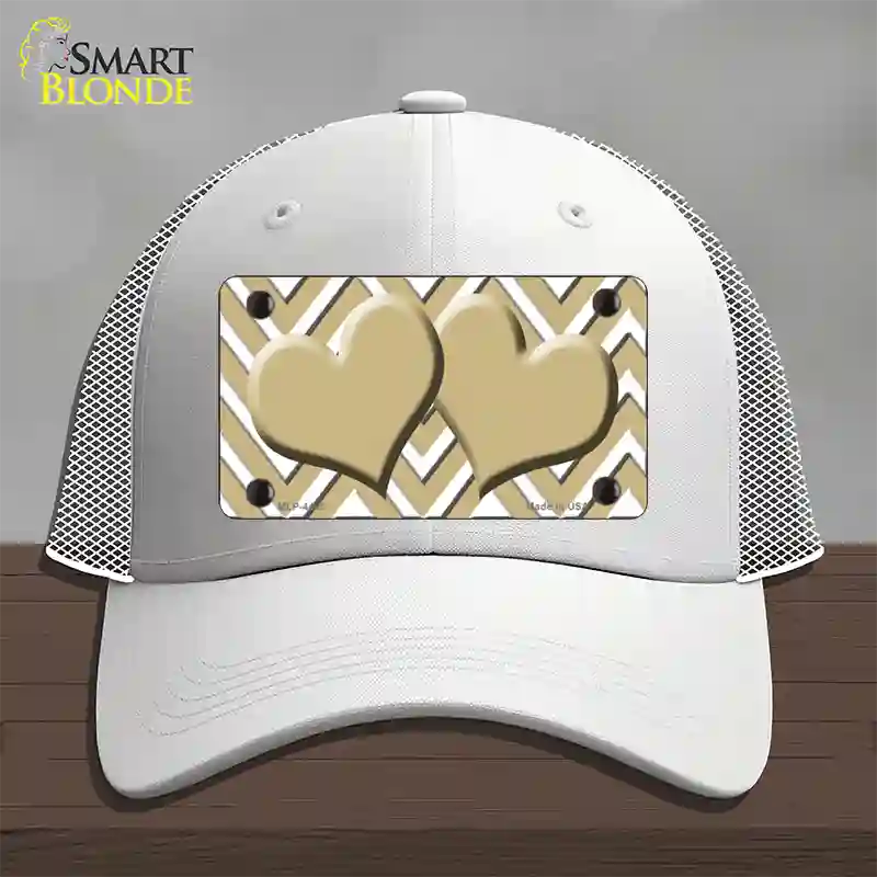 Gold White Large Chevron Gold Center Hearts Novelty License Plate Hat Mesh / White