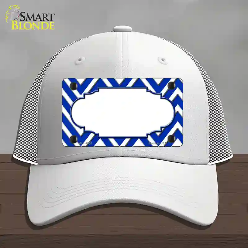 Blue White Large Chevron Center Scallop Novelty License Plate Hat Mesh / White