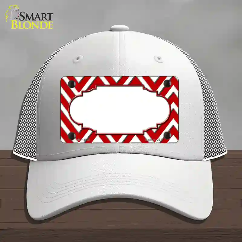 Red White Large Chevron Center Scallop Novelty License Plate Hat Mesh / White