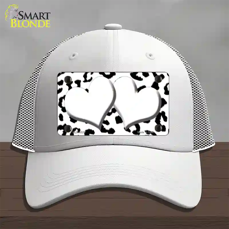 White Black Cheetah White Center Hearts Novelty License Plate Hat Mesh / White