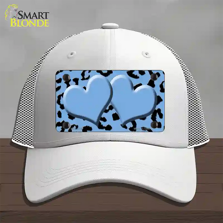 Light Blue Black Cheetah Light Blue Center Hearts Novelty License Plate Hat Mesh / White