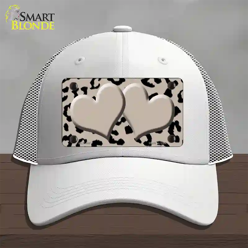 Tan Black Cheetah Tan Center Hearts Novelty License Plate Hat Mesh / White