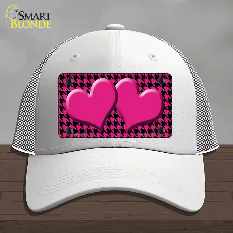 Pink Black Houndstooth Pink Center Hearts Novelty License Plate Hat Mesh / White