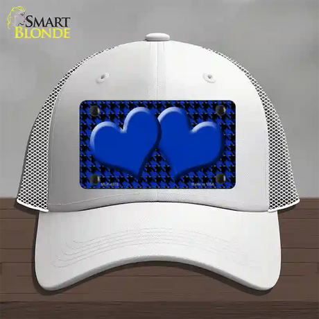 Blue Black Houndstooth Blue Center Hearts Novelty License Plate Hat Mesh / White