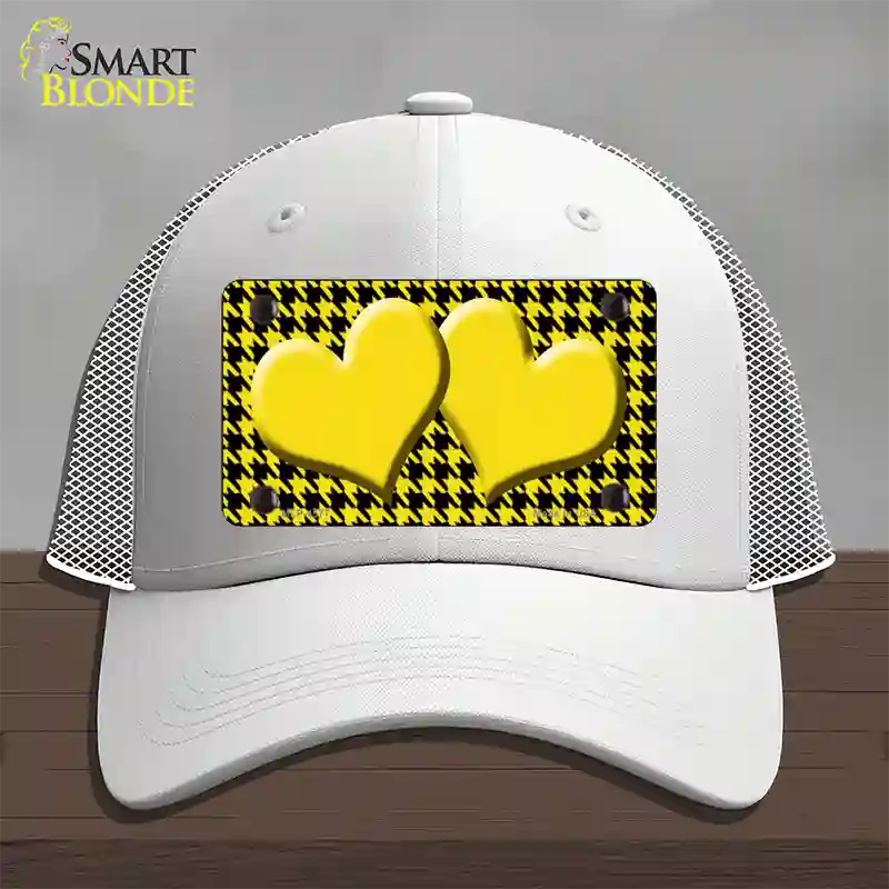 Yellow Black Houndstooth Yellow Center Hearts Novelty License Plate Hat Mesh / White