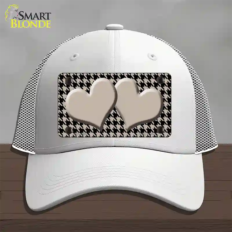 Tan Black Houndstooth Tan Center Hearts Novelty License Plate Hat Mesh / White