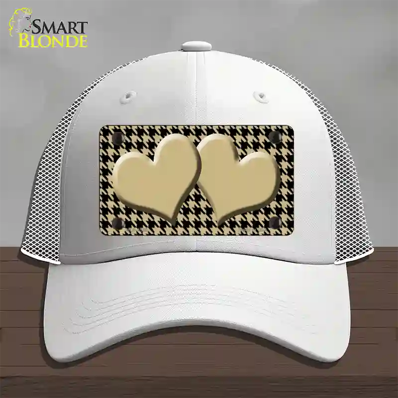 Gold Black Houndstooth Gold Center Hearts Novelty License Plate Hat Mesh / White