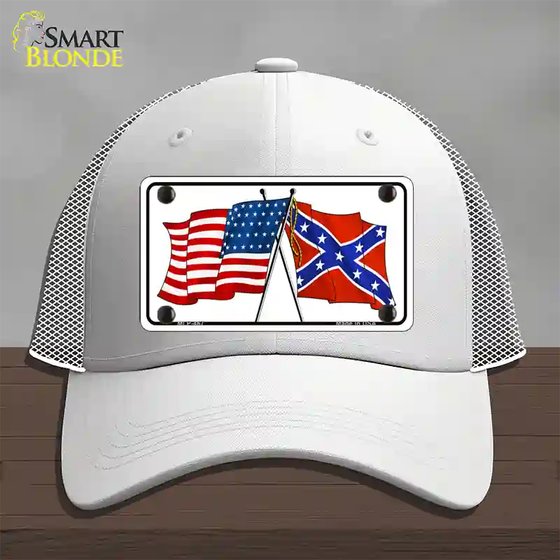 Confederate USA Crossed Flags Novelty License Plate Hat Mesh / White