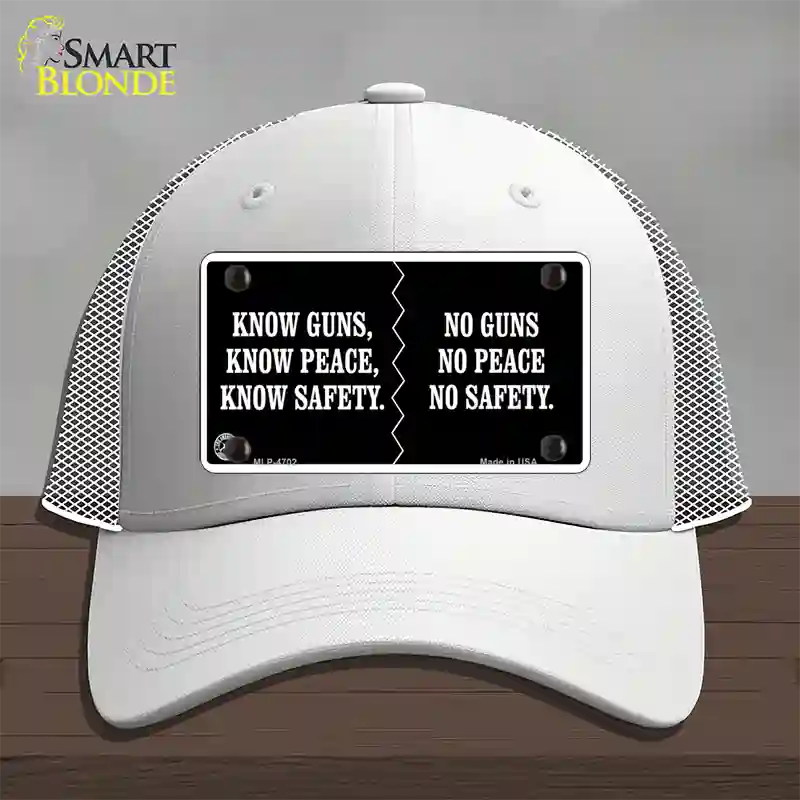 Know Guns, Know Peace, Know Safety Novelty License Plate Hat Mesh / White