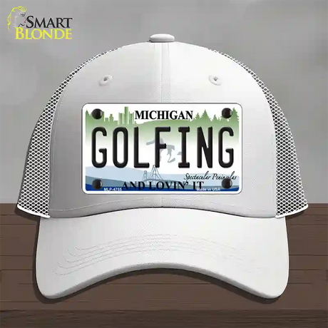 Golfing Michigan State Novelty License Plate Hat Mesh / White