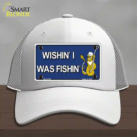 Wishin I Was Fishin Blue Novelty License Plate Hat Mesh / White