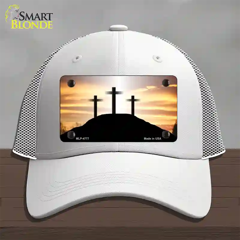 Three Crosses Sunset Novelty License Plate Hat Mesh / White