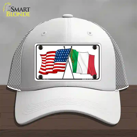 United States Italy Crossed Flags Novelty License Plate Hat Mesh / White